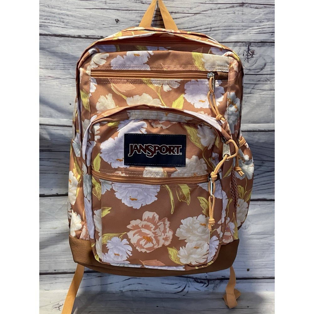 Nice! JanSport Cool Student Orange Tan Floral Leather Bottom 18x14 Bag Backpack